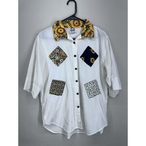 Vintage 80s Cotton Blend Sunflower Shirt Womens MEDIUM Patchwork Flower Garden